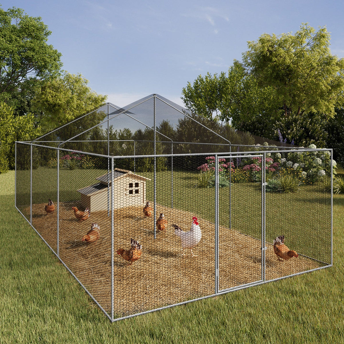 Volière de 18 m², parc grillagé 6 x 3 m, enclos poulailler pour animaux de basse-cour